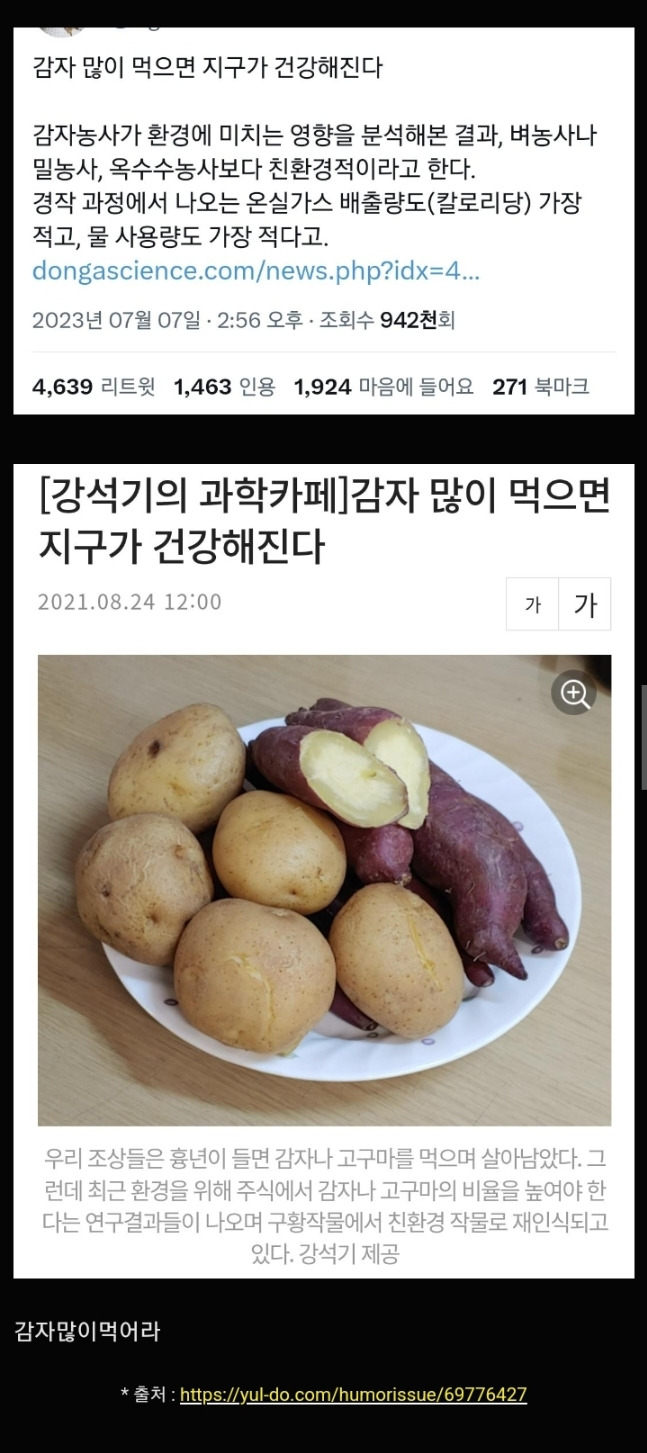 감자를 많이 먹는 게 환경에 도움이 된다고 함