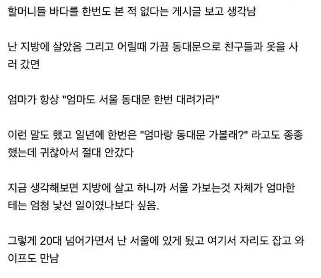 서울 구경 한번 해보는 게 소원인 엄마