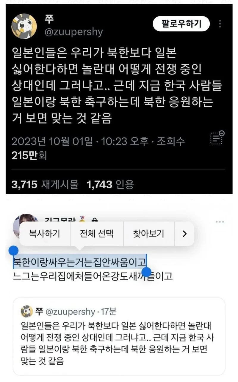 일본vs북한 경기 때 북한 응원하는 한국을 이해 못하는 일본