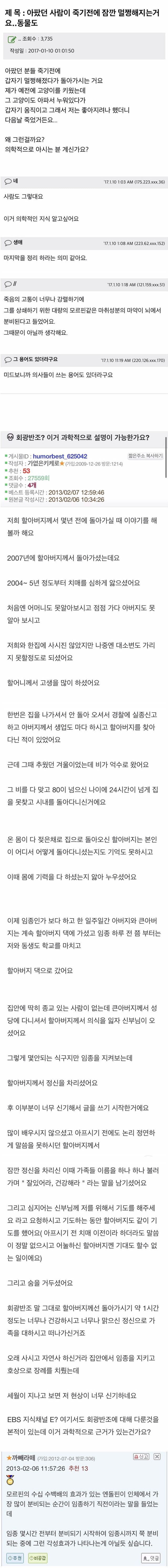 아팠던 사람이나 동물이 죽기전 정신 멀쩡해지는 현상