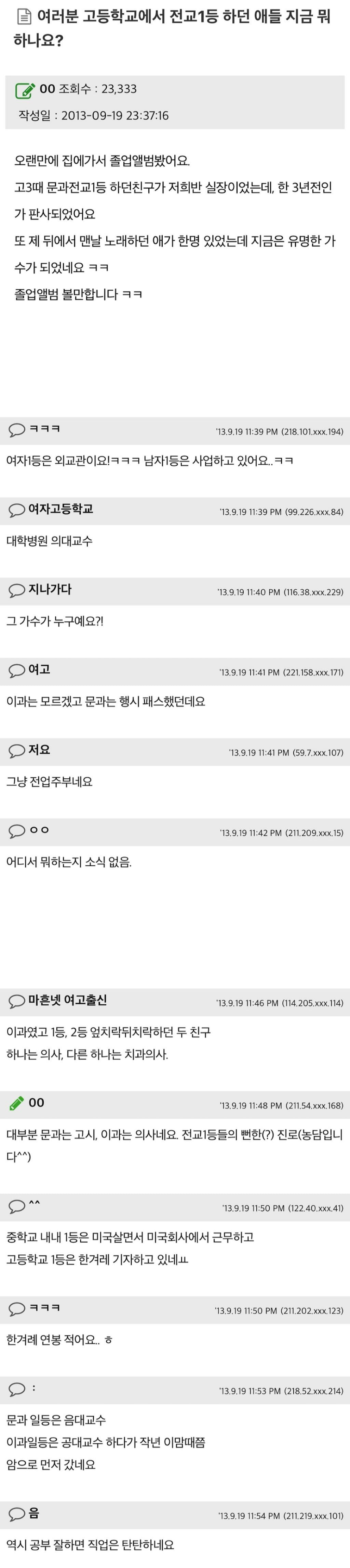 여러분 고등학교에서 전교1등 하던 애들 지금 뭐하나요?
