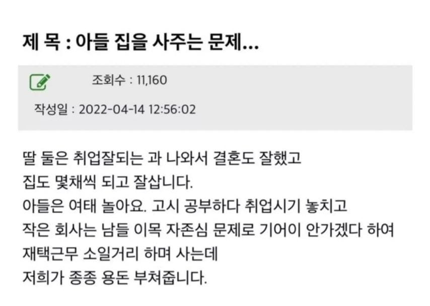 아들 집사주려는데 딸들 한테 서운한 엄마.jpg