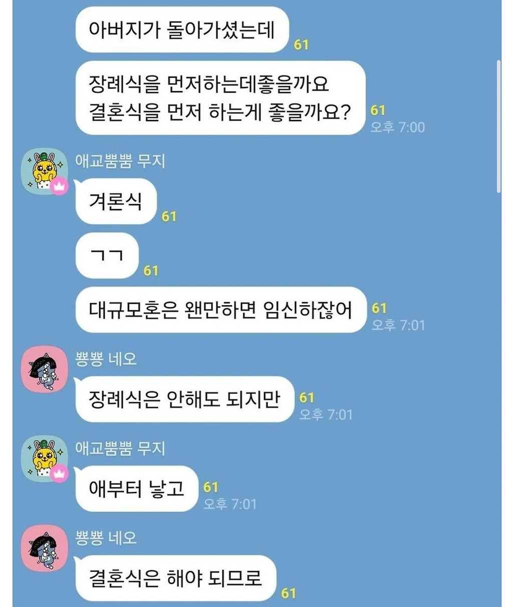 아버지가 돌아가셨는데 장례식을 먼저 할까요 결혼식을 먼저 할까요?