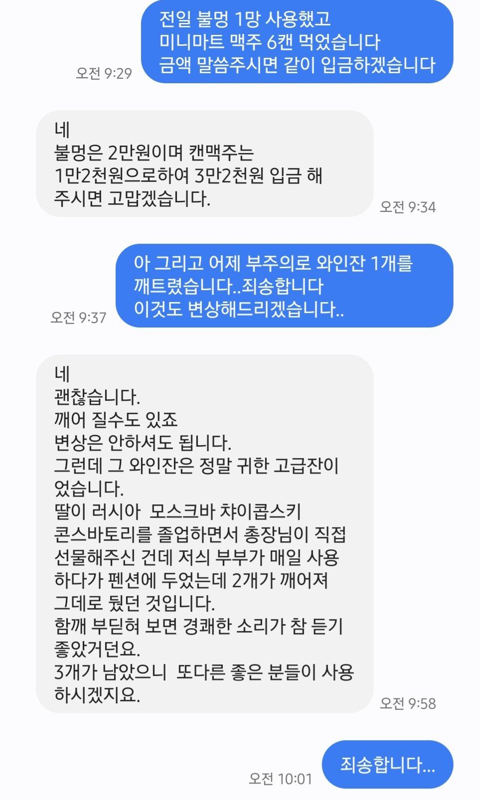 에어비앤비 숙소에서 와인잔 깨뜨리고 사장님한테 받은 문자.jpg