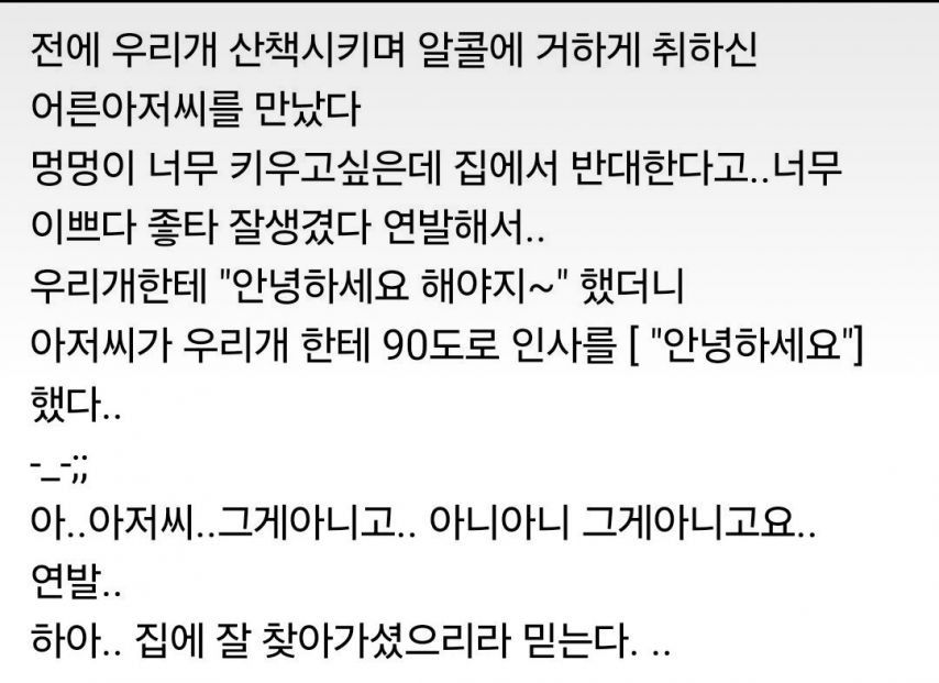 우리 개 산책시키며 거하게 취하신 아저씨를 만났다