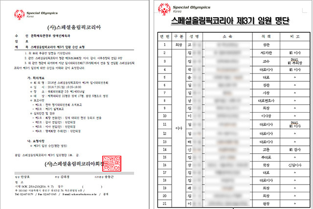 스페셜올림픽코리아가 지난 2016년 9월, 문화체육관광부에 보낸 임원 승인 요청 공문에는 임원으로 이름을 올린 나경원 원내대표의 딸 김 모 씨의 이름이 빠져있다.