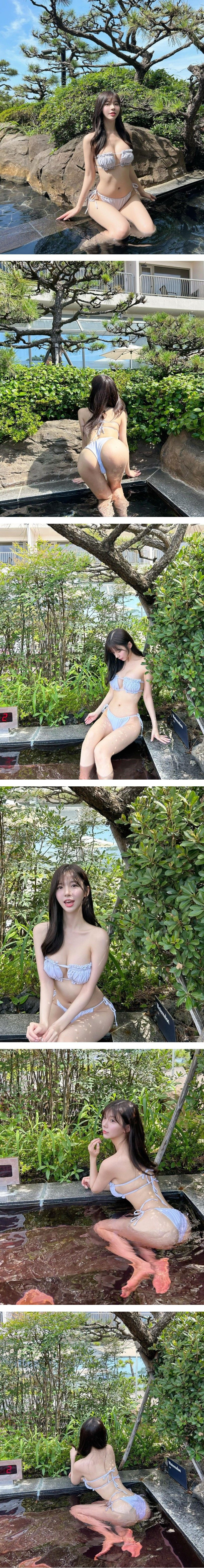 야외 온천에서 흰 비키니 뒷고양이 자세 T백 엉덩이 쏘블리