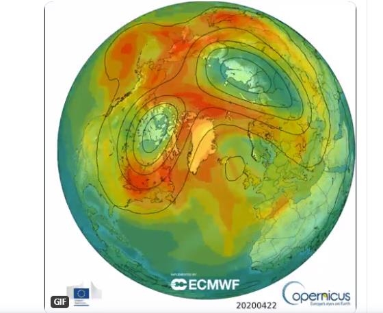 중위도에서 북극 지방으로 유입되는 오존층(빨간색) 공기 CAMS 트위터 캡처·재판매 및 DB 금지