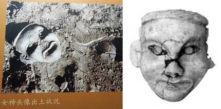 훙산문화 유적인 여신묘 발굴 현장에서 출토 당시 촬영된 여신상(왼쪽)과 복원을 거친 모습. 한겨레