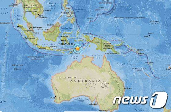 21일 자정 인도네시아 동티모르섬 일대서 발생한 규모 6.7 지진[출처=USGS]© News1