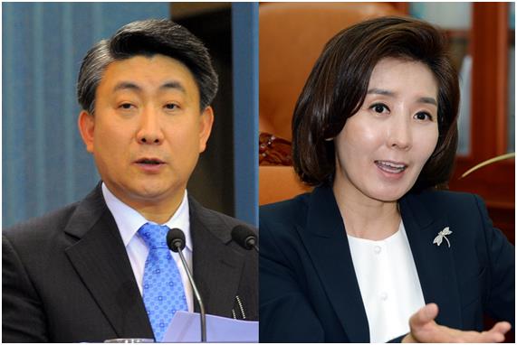 왼쪽부터 이동관 전 청와대 홍보수석, 나경원 새누리당 의원. 한국일보 자료사진
