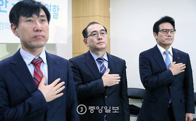 태 전 공사(가운데)가 하태경 의원(왼쪽)·정병국 의원과 함께 태극기를 향해 국기에 대한 경례를 하고 있다