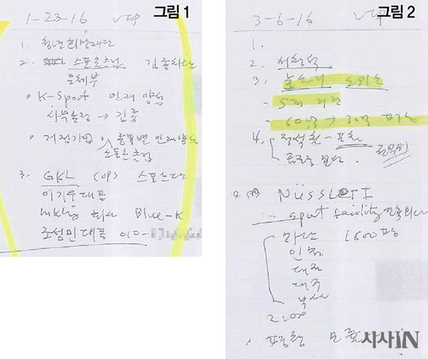 안종범 전 수석이 메모한 K스포츠재단·더블루케이 사업 지원 내역(왼쪽)과 스위스 건설업체 누슬리 관련 내용(오른쪽).