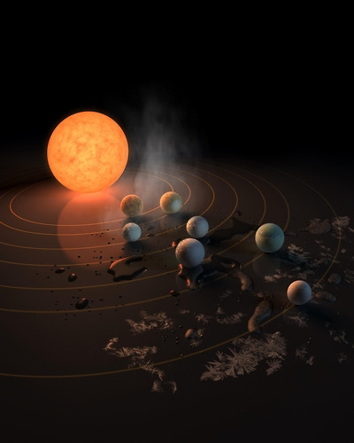 트라피스트-1 항성과 그 주변을 도는 7개 행성의 상상도. [Credit: NASA/JPL-Caltech]  [네이처 제공=연합뉴스]