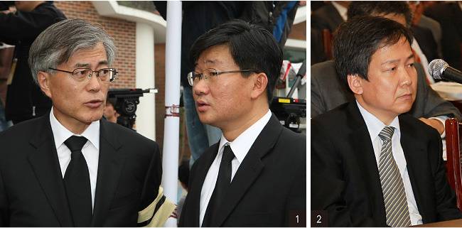 1 2009년 고 노무현 전 대통령 분향소에서 대화하고 있는 문재인 전 비서실장(왼쪽)과 전해철 전 민정수석.[동아일보]   2 노무현 전 대통령의 조카사위로 알려진 법무법인 부산의 정재성 변호사. 2012년 국회 정무위원회 금융감독원 국정감사에 증인으로 출석했을 때의 모습.  [김동주 동아일보 기자]