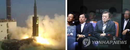 (서울=연합뉴스) 23일 충남 태안 국방과학연구소(ADD) 종합시험장에서 사거리 800㎞의 탄도미사일인 현무2 미사일이 차량형 이동식발사대에서 발사되고 있다(왼쪽). 이를 문 대통령이 참관하고 있다. 2017.6.23  [국방부 제공, 청와대 제공=연합뉴스]      photo@yna.co.kr