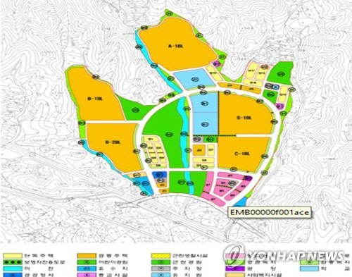 (김천=연합뉴스) 경북 김천시 아포읍 송천리 택지개발지구 조감도. 한국토지주택공사(LH)는 사업중단 8년 만에 68만8천㎡를 택지로 개발하는 사업을 재추진한다. 2017.6.28 [경북 김천시 제공=연합뉴스]