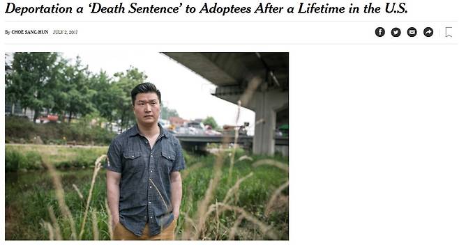 2일(현지시간) 미국 뉴욕타임스(NYT)가 시민권을 인정받지 못해 고국으로 추방된 한국 입양아들의 사연을 집중 보도했다. (사진=NYT 캡처) © News1