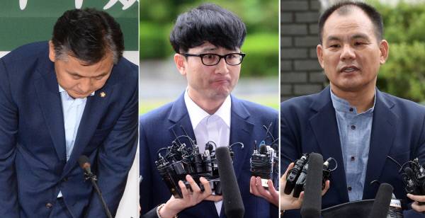 관계자 줄소환 국민의당 ‘문준용씨 의혹 제보 조작’ 사건 진상조사단장인 김관영 의원이 3일 자체 진상조사 결과 발표에 앞서 인사하고 있다(왼쪽 사진). 이날 검찰 조사를 받기 위해 서울 양천구 서울남부지방검찰청에 출석한 이준서 전 최고위원(가운데)과 김성호 전 공명선거추진단 수석부단장(오른쪽)이 취재진 질문에 답변하고 있다.  권호욱 선임기자·김창길 기자·연합뉴스
