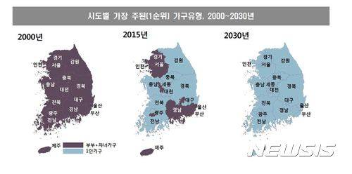 【세종=뉴시스】22일 통계청에 따르면 전체 가구 대비 1인가구 비중은 2015년 27.2%(518만 가구)에서 2045년 36.3%(809만8000 가구)로 상승해 가장 주된 가구유형이 된다. (자료=통계청). 2017.08.22