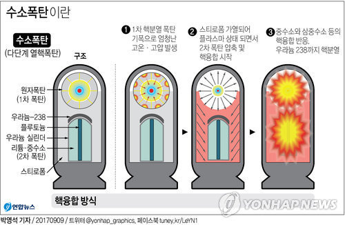 (서울=연합뉴스) 김토일 기자 = 북한이 3일 대륙간탄도미사일(ICBM)급 '화성-14형'에 탑재할 수소탄을 개발했다고 주장하면서 관련 사진까지 공개해 그 진위에 관심이 쏠린다.      kmtoil@yna.co.kr      페이스북 tuney.kr/LeYN1 트위터 @yonhap_graphics