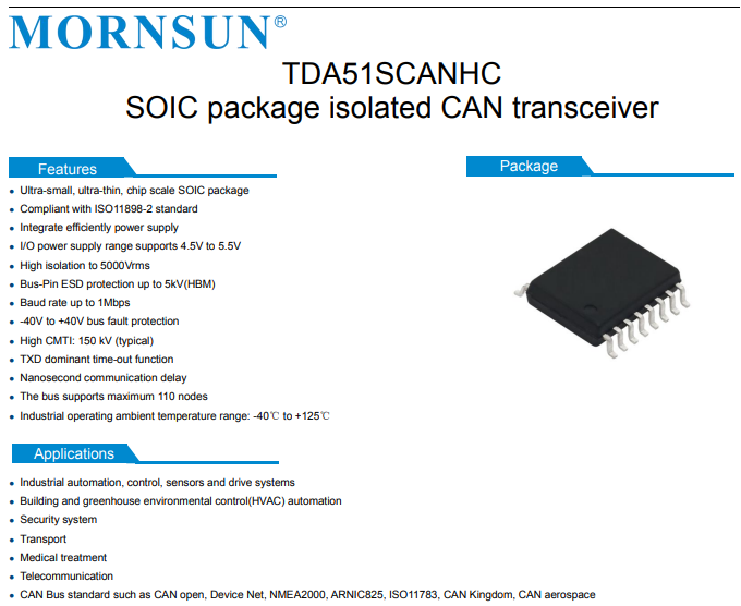 Mornsun CAN isolated Transceiver Module, TDA51SCANHC