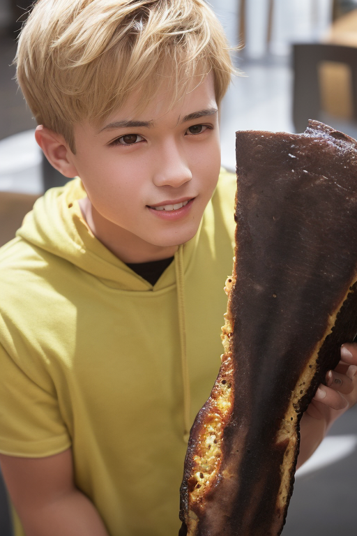 [Boy-195] Free image of a blond boy with a restaurant & cafe in the background