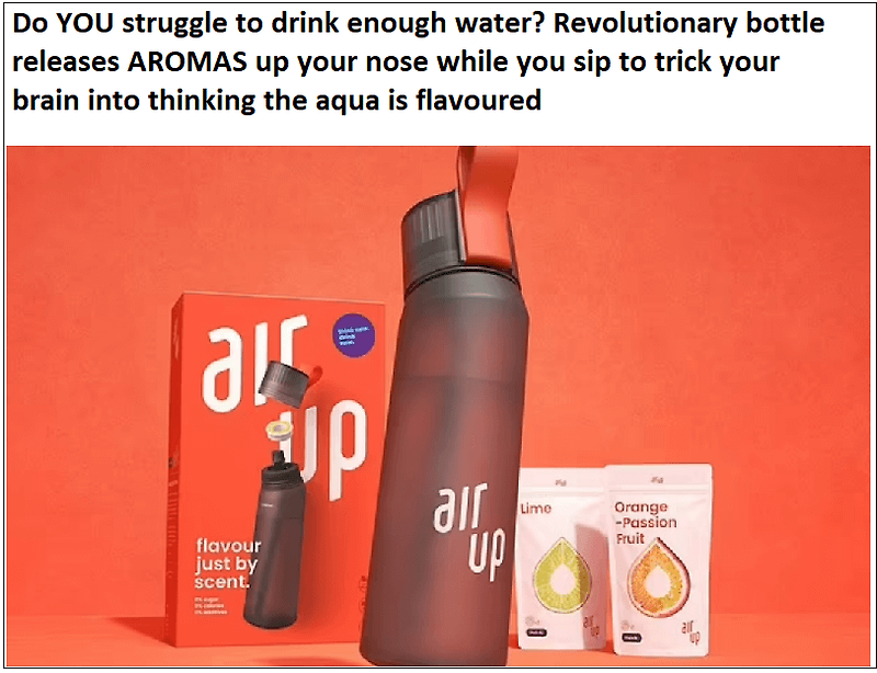 물을 많이 마실 수 있게 하는 물병  VIDEO:Do YOU struggle to drink enough water? Revolutionary bottle releases AROMAS up your nose..