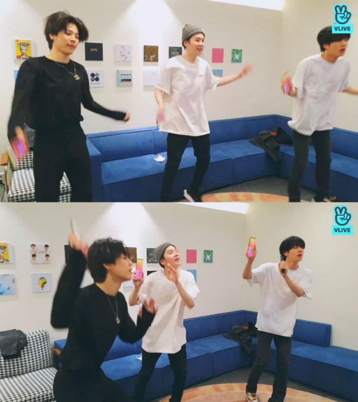 방탄소년단(BTS) 지민-슈가-진, 브이앱서 '저스트 댄스' 플레이 '라스푸틴'으로 마무리된 라방