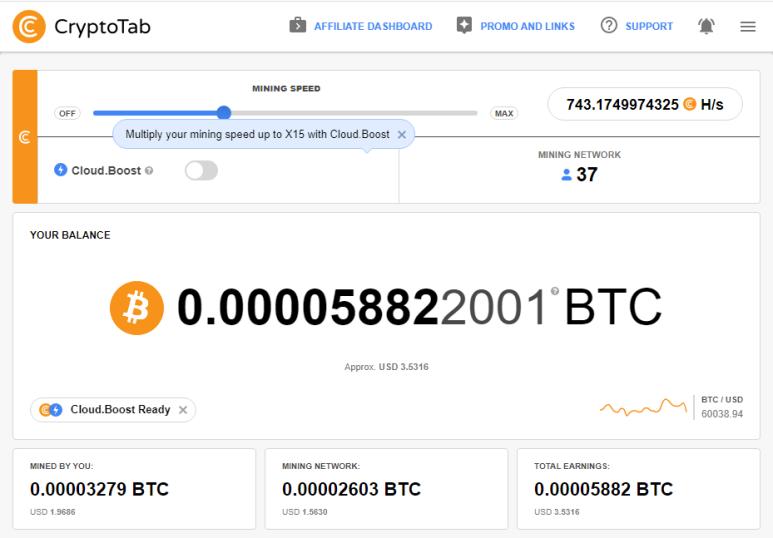 크립토탭(CryptoTab)을 통한 비트코인 채굴 현황(2021.11.22)