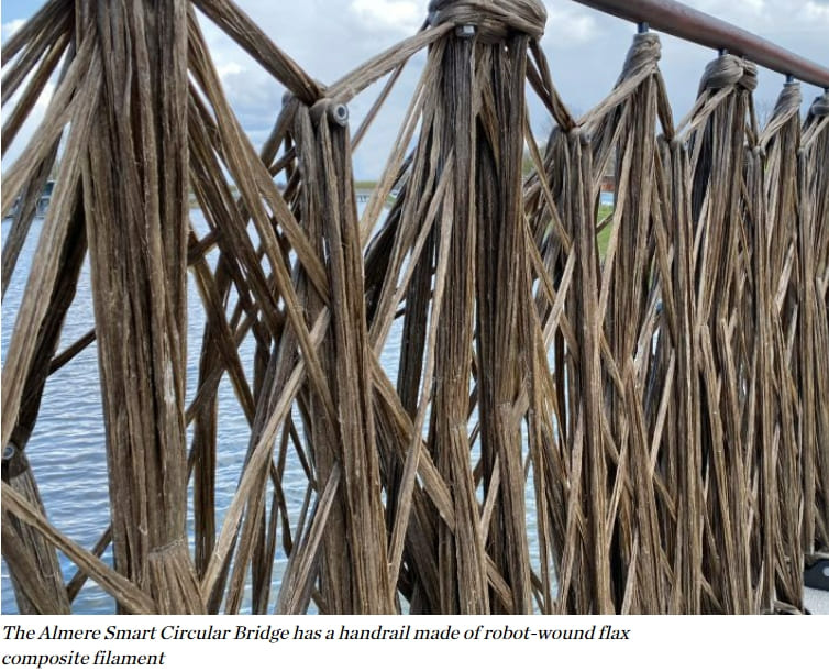 아인트호벤 공대의 교량 사용 철 대체 재료 가능성 입증 노력 VIDEO: Smart Circular Bridge built with flax completes in The Netherlands