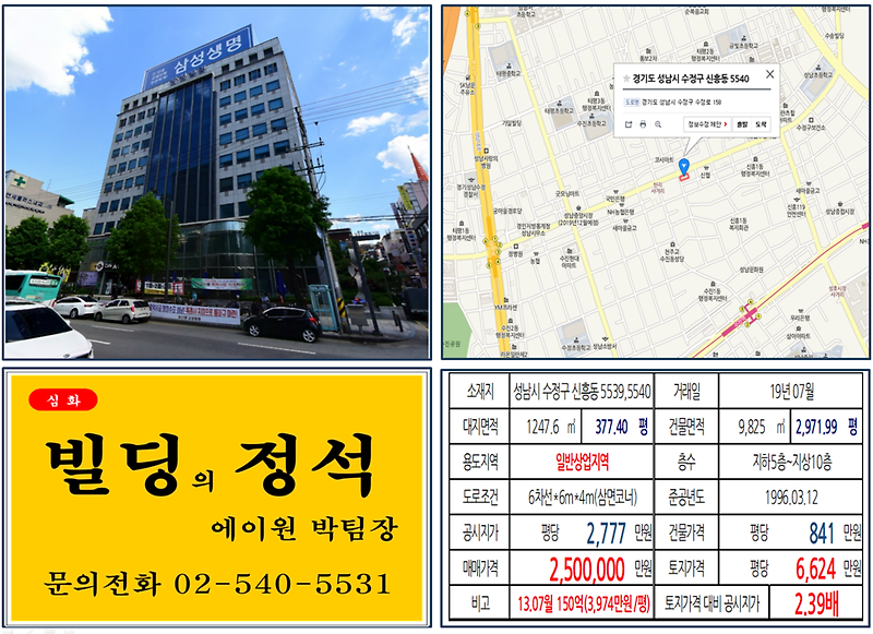 [성남시 빌딩매매 사례]신흥동 5539,5540(수진역) 250억, 평당6,624만원, 연면적당 841만원