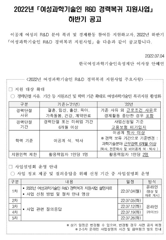 2022년 하반기 여성과학기술인 R&D 경력복귀 지원사업 모집 공고