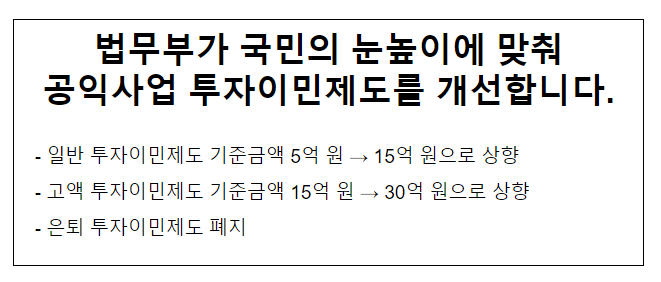 법무부가 국민의 눈높이에 맞춰 공익사업 투자이민제도를 개선합니다.