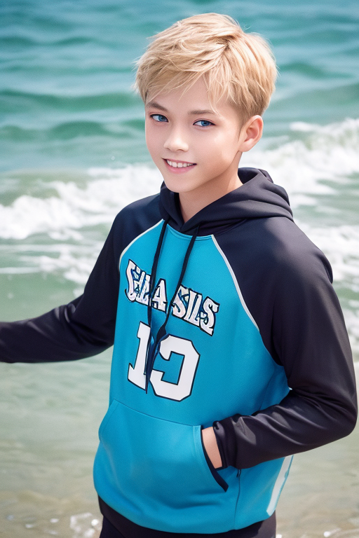[Boy-164] photographic ocean background picture Ai Free Images blond hair and blue eyes a man's live-action character