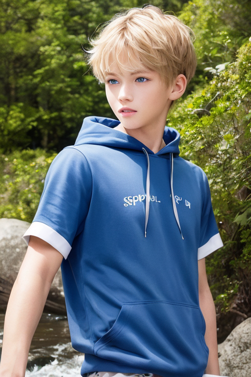 [Boy-129] Blonde, blue eyes, handsome boy characters, live-action pictures Picture image, valley water play riverside background