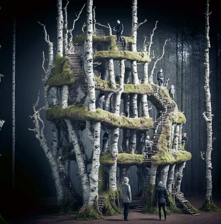 초현실적인 놀이터와 미로 숲 풍경 Ulf mejergren contorts forestscapes into fantastical playgrounds and labyrinths using AI