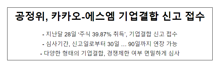 카카오의 SM 주식 취득 관련 기업결합 신고 접수