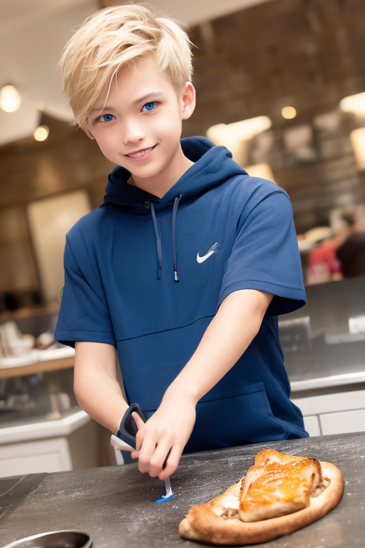 [Boy-186] boy, man, blond hair, blue eyes, handsome, cute, teen, teenage, restaurant & cafe background, food, free images, Ai images