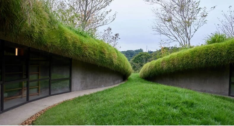 일본 쿠르쿠 들판의 지하 도서관 Underground library in japan’s kurkku fields invites bookworms in a cavern-like reading space