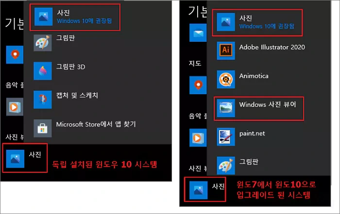 윈도우 7과 윈도우 10에서의 기본(권장) 이미지 뷰어