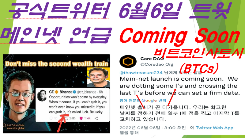 비트코인사토시(Bitcoin Satoshi) 오피셜 트위터(CoreDAO) 6월6일 트윗내용 
