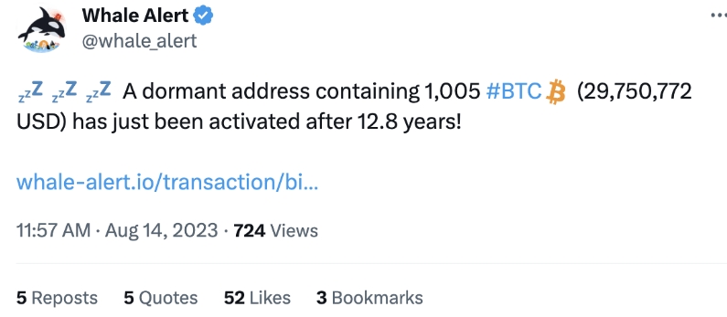 13년간 잠자던 비트코인 고래가 움직였다!...뭘 의미하는 것일까? Dormant Bitcoin Address with 1,005 BTC Activated After 12.8 Years