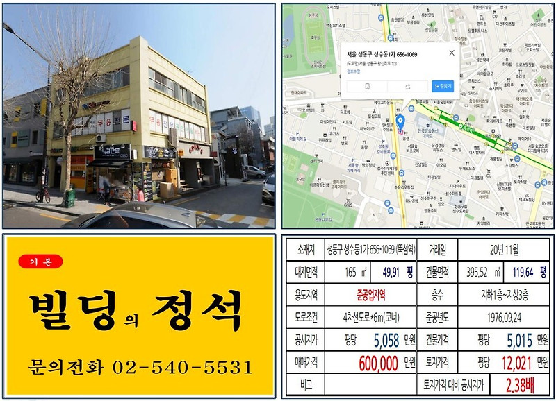 [성동구 성수동 카페거리 60억 꼬마빌딩 실거래가 조회] 성수동1가 656-1069 (뚝섬역) 60억 원, 평당 1억 2,021만 원 매매되었습