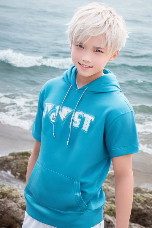 [Boy-077] Free Ai images of handsome boy with white hair in a beach background