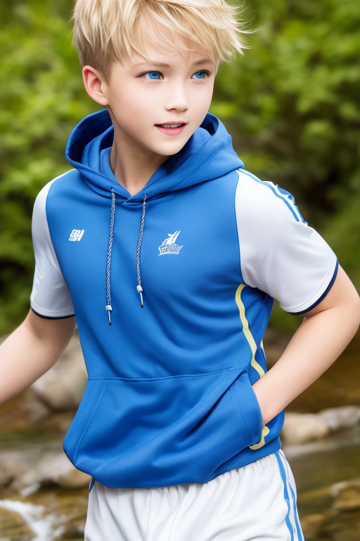[Boy-128] character, boy, youth, handsome, live-action, photography, blonde, blue, wall, free, valley, waterfront, river, stream, water play, image