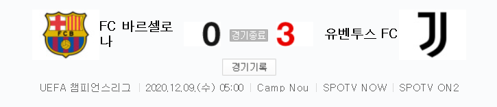 UCL / 2020년 12월 9일 경기 - 바르셀로나(0) VS 유벤투스(3) 축구 하이라이트