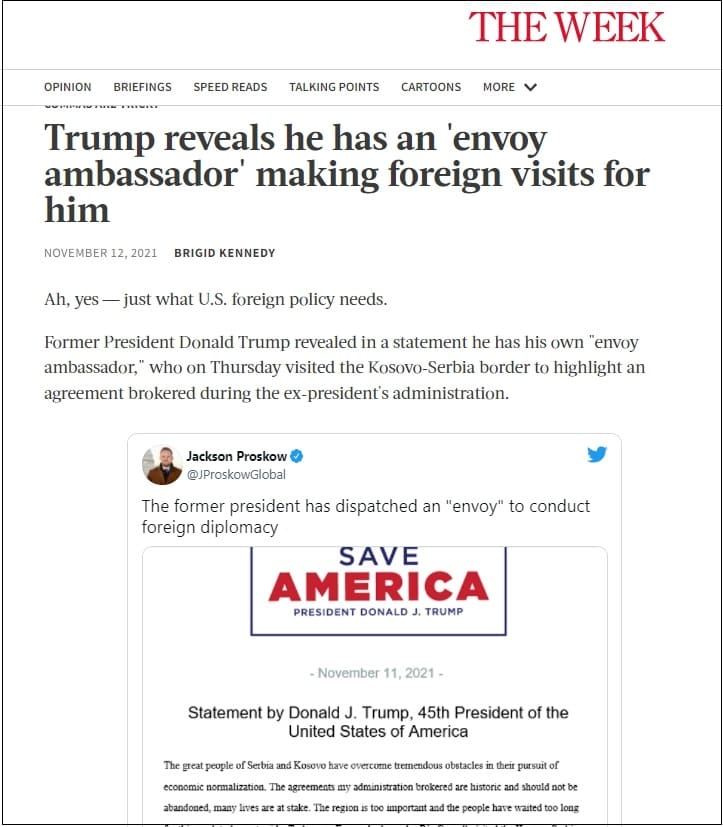 트럼프, 코소보-세르비아 국경에 자신의 외교 특사 파견  VIDEO: Trump reveals he has an 'envoy ambassador' making foreign visits for him