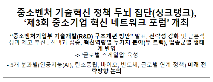 중소벤처 기술혁신 정책 두뇌 집단(싱크탱크), ‘제3회 중소기업 혁신 네트워크 포럼’ 개최