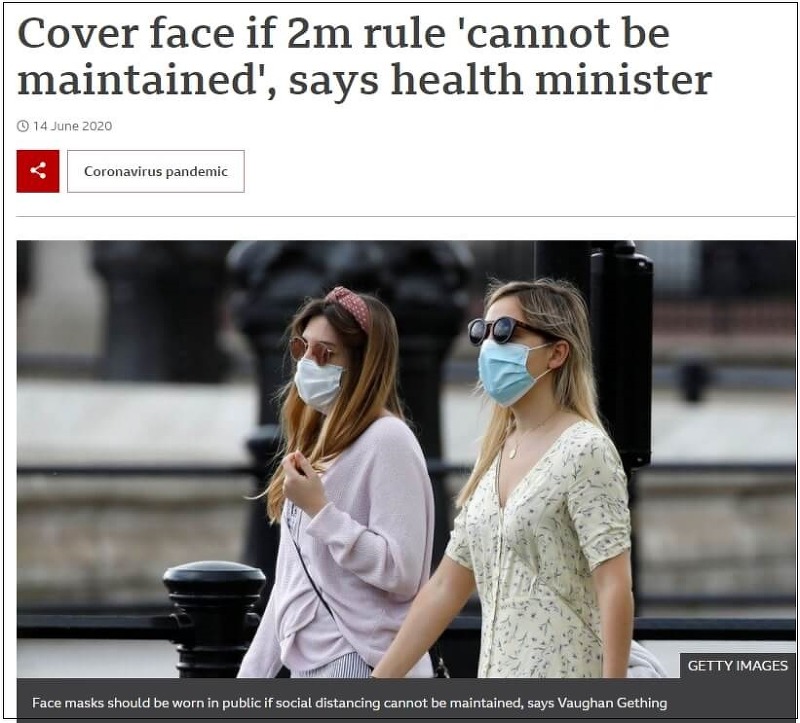백신 접종해도 마스크는 계속 착용해야 안전 Cover face if 2m rule 'cannot be maintained'